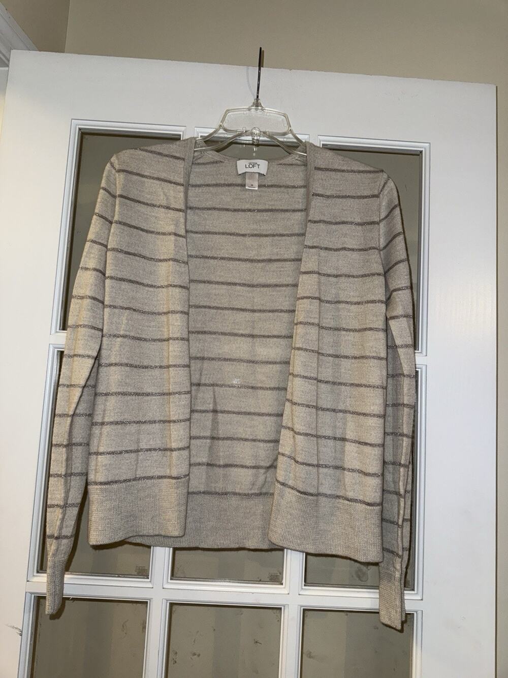 Ann Taylor LOFT sweater cardigan open long sleeved grey sparkly medium knit